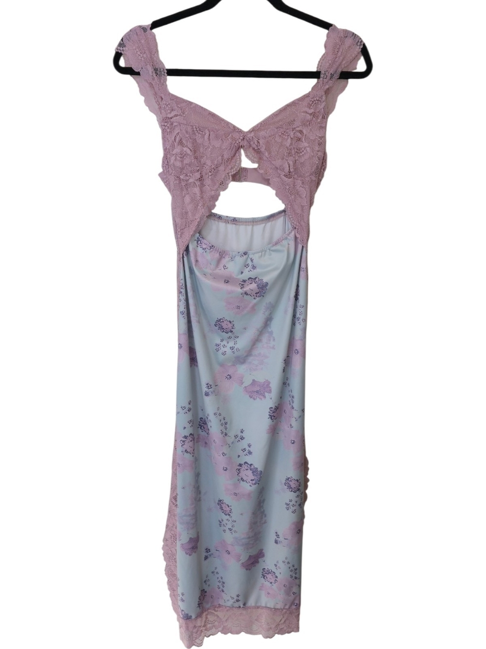 Lace Cutout Maxi Dress Nightgown Intimate Romantic Feminine Floral Pink Small